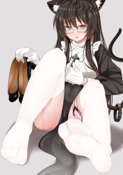 Rule 34 | 1girl, absurdres, animal ears, black hair, blush, cat ears, cat tail, feet, glasses, highres, holding, holding shoes, long hair, looking at viewer, nun, open mouth, see-through, see-through legwear, shoes, unworn shoes, soles, tail, toes, white legwear, yellow eyes