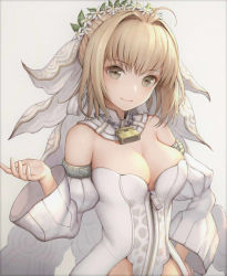 Rule 34 | 10s, 1girl, ahoge, animal print, bare shoulders, blonde hair, blush, breasts, bridal veil, chain, cleavage, closed mouth, detached collar, detached sleeves, fate/extra, fate/extra ccc, fate/grand order, fate (series), flower, flower wreath, full-length zipper, grey background, grey eyes, hair intakes, hair ribbon, hand on own hip, hand up, head tilt, head wreath, hisahisahisahisa, large breasts, leopard print, leotard, light smile, lock, looking at viewer, md5 mismatch, nero claudius (bride) (fate), nero claudius (bride) (second ascension) (fate), nero claudius (fate), nero claudius (fate) (all), padlock, puffy sleeves, resolution mismatch, revision, ribbon, short hair with long locks, showgirl skirt, sidelocks, simple background, skirt, smile, solo, source smaller, standing, strapless, strapless leotard, turtleneck, veil, white flower, white leotard, white ribbon, wide sleeves, zipper, zipper pull tab