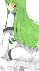 Rule 34 | 1girl, ass, bodysuit, boots, c.c., code geass, creayus, from behind, green hair, high heels, kneeling, looking at viewer, solo, white background, yellow eyes