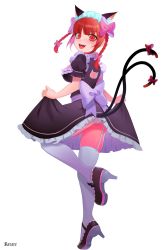 Rule 34 | 1girl, :d, alternate costume, ass, blush, braid, enmaided, full body, garter straps, highres, kaenbyou rin, lifted by self, looking at viewer, looking back, maid, nekomata, nose blush, open mouth, recare, simple background, smile, solo, standing, standing on one leg, thighhighs, touhou, twin braids, twintails, white background, white thighhighs