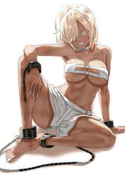 Rule 34 | 1girl, bare arms, bare legs, bare shoulders, barefoot, belt collar, blonde hair, breasts, chain, clenched teeth, collar, commentary request, cuffs, dark-skinned female, dark skin, full body, hair over one eye, highres, large breasts, looking at viewer, nail polish, navel, one eye covered, prisoner veronica, shackles, sharp teeth, shorts, sitting, solo, sono bisque doll wa koi wo suru, spread legs, strapless, teeth, toes, tube top, uenoryoma, white collar, white nails, white shorts, yellow eyes