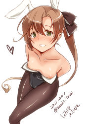 Rule 34 | 1girl, akigumo (kancolle), animal ears, black leotard, black pantyhose, blush, breasts, breasts out, brown hair, brown ribbon, commentary, dated, fake animal ears, green eyes, hair between eyes, hair ribbon, hazuki futahi, heart, highres, kantai collection, leotard, long hair, nipples, pantyhose, playboy bunny, ponytail, rabbit ears, ribbon, simple background, small breasts, smile, solo, twitter username, white background