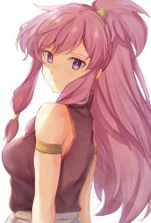 Rule 34 | 1girl, armlet, bare shoulders, closed mouth, collared dress, dress, edamameoka, expressionless, fire emblem, fire emblem: the sacred stones, from side, highres, long hair, looking at viewer, marisa (fire emblem), nintendo, pink hair, ponytail, purple eyes, upper body, white background