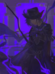 Rule 34 | 1girl, androgynous, armor, belt, black cape, black hair, black hat, branch, breastplate, cape, chinese commentary, commentary request, cowboy shot, final fantasy, final fantasy xiv, fringe trim, gem, grey eyes, hat, hat feather, hat over one eye, highres, jing kagami, looking at viewer, o-ring, o-ring belt, one eye covered, pillar, purple gemstone, purple sky, reaper (final fantasy), short hair, sky, solo, standing, zero (ff14)