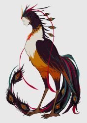 Rule 34 | absurdres, animal, bird, expressionless, full body, gem, highres, human head, kaname (emanalc), looking down, male focus, monster, original, peacock, peacock feathers, profile, red gemstone, simple background, solo, standing, white background