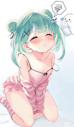 Rule 34 | 1girl, absurdres, arm support, arms between legs, black bow, blush, blush stickers, bow, breasts, closed eyes, collarbone, double bun, drinking, fandead (uruha rushia), flat chest, ghost, gradient background, green hair, grey background, hair bun, hair ornament, highres, holding, hololive, long sleeves, medium hair, off shoulder, piyoyanagi, red eyes, seiza, sitting, small breasts, socks, solo, spoken squiggle, squiggle, strap slip, striped clothes, striped legwear, striped socks, sweat, uruha rushia, virtual youtuber, water, x hair ornament