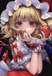 Rule 34 | 1girl, apple, black background, blonde hair, bow, closed mouth, crystal, finger in own mouth, fingernails, flandre scarlet, food, frilled headwear, fruit, hat, highres, holding, holding food, holding fruit, long hair, looking at viewer, miyako yamamoto, mob cap, red bow, red eyes, red nails, sharp fingernails, short sleeves, solo, touhou, upper body, wings, wrist cuffs