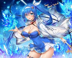 Rule 34 | 1girl, :d, blue dress, blue eyes, blue hair, blue theme, blush, breasts, cleavage, collarbone, commission, commissioner name, covered navel, cowboy shot, dress, hairband, holding, holding weapon, ice, ice crystal, jacket, large breasts, long hair, looking at viewer, magic circle, munlu (wolupus), open clothes, open jacket, open mouth, original, ponytail, shiny skin, skeb commission, smile, snowflakes, solo, teeth, thigh strap, thighhighs, upper teeth only, weapon, white hairband, white jacket, wide sleeves