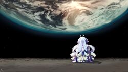 Rule 34 | 1girl, blonde hair, blue dress, blue hair, cloud, dress, drill hair, earth (planet), from behind, gloves, gradient hair, highres, jelly hoshiumi, long hair, moon, multicolored hair, not ashes, phase connect, planet, quad drills, sitting, solo, space, virtual youtuber, white gloves