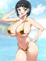 Rule 34 | 1girl, arm behind head, bikini, black hair, blue eyes, breasts, gold bikini, hair ornament, hairclip, hand on own hip, highres, kagemusha, kirigaya suguha, large breasts, legs, looking at viewer, model pose, navel, open mouth, shiny skin, short hair, smile, solo, swimsuit, sword art online, thighs