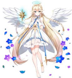 Rule 34 | 1girl, ahoge, angel, angel wings, angelica (epic seven), bare legs, bare shoulders, barefoot, blonde hair, blue bow, blue eyes, bow, braid, dress, epic seven, gloves, halo, long hair, looking at viewer, neck ribbon, official art, open mouth, ribbon, transparent background, very long hair, white dress, white gloves, wings