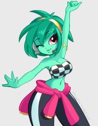 Rule 34 | 1girl, ;), alternate costume, arms up, bare arms, bra, breasts, checkered bra, checkered clothes, cleavage, clothes around waist, colored skin, earrings, green hair, green lips, green skin, headphones, highres, hip focus, jewelry, lips, midriff, navel, one eye closed, pants, red eyes, rottytops, shantae: half-genie hero, shantae (series), shirt, shirt around waist, short hair, simple background, skull, skull earrings, sleeveless, smile, solo, speaker, standing, stitches, stomach, strapless, tied shirt, track pants, tumblr username, underwear, white background, zombie