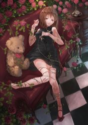 Rule 34 | 1girl, antique phone, bdsm, black dress, bondage, bound, bound legs, brown eyes, brown hair, checkered floor, corded phone, couch, dress, floor, flower, from above, hagiwara yukiho, highres, idolmaster, idolmaster (classic), kaoming, knees together feet apart, legs, looking at viewer, lying, mary janes, on back, parted lips, phone, plant, red flower, red footwear, red rose, red upholstery, rose, rotary phone, shoes, short hair, solo, stuffed animal, stuffed toy, teddy bear, thorns, utility pole, vines