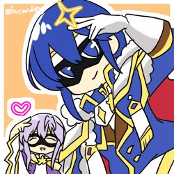 Rule 34 | 1boy, 1girl, blue eyes, brother and sister, cape, chibi, circlet, closed eyes, eye mask, fire emblem, fire emblem: genealogy of the holy war, fur trim, gloves, hand in own hair, jewelry, julia (crusader of light) (fire emblem), julia (fire emblem), long hair, nintendo, open mouth, purple cape, purple hair, seliph (fire emblem), seliph (scion of light) (fire emblem), siblings, smile, v, white gloves, wide sleeves, yukia (firstaid0)
