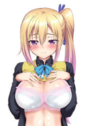Rule 34 | 10s, 1girl, black shirt, blonde hair, blue bow, blue bowtie, blush, bow, bowtie, bra, breast suppress, breasts, cleavage, closed mouth, clothes lift, collared shirt, gradient hair, hands on own chest, kawakami mai, large breasts, lingerie, long hair, long sleeves, mole, mole under eye, multicolored hair, musaigen no phantom world, open clothes, open shirt, pink hair, ponytail, purple eyes, rohgun, shirt, smile, solo, sweater, sweater lift, sweater vest, underwear, upper body, white bra, wing collar