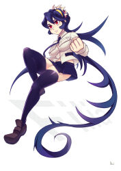 Rule 34 | 1girl, blue hair, breasts, character name, filia (skullgirls), full body, large breasts, long hair, navel, necktie, open mouth, parted lips, pleated skirt, prehensile hair, red eyes, samson (skullgirls), school uniform, sharp teeth, shoes, skirt, skullgirls, solo, teeth, thick thighs, thighhighs, thighs, white background