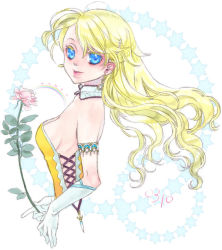 Rule 34 | 1990s (style), 1girl, bare shoulders, blonde hair, blue eyes, breasts, celes chere, collar, detached collar, earrings, elbow gloves, female focus, final fantasy, final fantasy vi, flower, gloves, hagihara takeo, jewelry, long hair, sideboob, solo