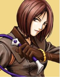 Rule 34 | 1girl, bob cut, brown eyes, brown hair, choker, gloves, jacket, lowres, short hair, snk, solo, the king of fighters, uniform, whip, whip (kof)