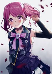 Rule 34 | 1girl, bang dream!, black choker, black dress, blush, brooch, choker, cosplay, detached sleeves, dress, frills, hand in own hair, holding, holding own hair, jewelry, kanadeedanak, lace, lace-trimmed sleeves, lace choker, lace trim, looking at viewer, maruyama aya, neck ribbon, petals, pink hair, pink ribbon, purple eyes, ribbon, roselia (bang dream!), sidelocks, smile, solo, twintails, upper body