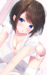 Rule 34 | 1girl, :o, absurdres, all fours, bed, bed sheet, bedroom, blue eyes, blush, breasts, brown hair, cleavage, curtains, downblouse, highres, looking at viewer, medium breasts, no pants, on bed, open mouth, original, panties, shirt, short hair, solo, striped clothes, striped panties, thighhighs, thighs, tied shirt, underwear, white shirt, yuna rebun