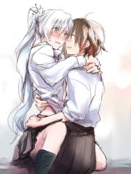 Rule 34 | 2girls, ahoge, arms around neck, black hair, black socks, blue eyes, blush, brown hair, couple, dress shirt, eye contact, facing another, gradient hair, grey eyes, hand on another&#039;s hip, hand on own hip, happy, hug, kneehighs, long hair, looking at another, multicolored hair, multiple girls, on lap, on person, open clothes, open shirt, parted lips, ponytail, red hair, ruby rose, rwby, school uniform, shirt, short hair, shy, sitting, sitting on lap, sitting on person, sketch, skirt, smile, socks, tongue, tsuta no ha, two-tone hair, weiss schnee, white hair, yuri