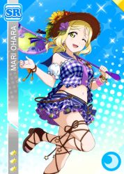 Rule 34 | 1girl, ankle lace-up, blonde hair, character name, cross-laced footwear, dress, flag, hat, high heels, love live!, love live! school idol festival, love live! sunshine!!, ohara mari, one eye closed, sandals, short hair, smile, solo, standing, standing on one leg, toes, wink, yellow eyes