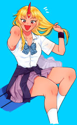 Rule 34 | 1girl, adjusting hair, alternate costume, bag, blonde hair, blue background, blue bow, blue bowtie, bow, bowtie, clothes around waist, collarbone, cropped legs, fang, highres, horns, hoshiguma yuugi, long hair, looking at viewer, notice lines, open mouth, purple skirt, red eyes, school bag, school uniform, shirt, short sleeves, sibata maru, simple background, single horn, sitting, skirt, smile, socks, solo, star (symbol), sweater, sweater around waist, touhou, white shirt, white socks, wristband