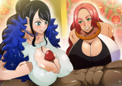 Rule 34 | 1boy, 2girls,  (one piece), baccarat (one piece), black hair, breasts, cleavage, huge breasts, large breasts, multiple girls, nico robin, one piece, one piece film: gold, paizuri, qdoujin (pixiv44648813), red hair, smile