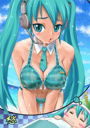 Rule 34 | 2girls, aqua eyes, aqua hair, beach, bikini, blush, blush stickers, breasts, breasts squeezed together, closed eyes, cloud, collar, covered erect nipples, day, dreaming, hachune miku, hatsune miku, headphones, headset, highres, large breasts, long hair, megurine luka, multiple girls, necktie, open mouth, outdoors, saliva, shu (la-placetick), sky, sleeping, striped bikini, striped clothes, swimsuit, takoluka, thigh gap, thighs, twintails, very long hair, vocaloid, water, wet