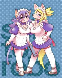 Rule 34 | 2girls, animal ears, artist request, blue eyes, blush, breasts, cleavage, cyber connect 2, hand fan, furry, glasses, little tail bronx, maid, merveille million, multiple girls, opera kranz, red eyes, smile, solatorobo, tail