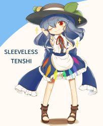 Rule 34 | 1girl, aged down, alternate costume, apron, armpits, black hat, blinking, blouse, blue bow, blue hair, blue skirt, bow, brown footwear, buttons, commentary request, english text, food, frills, fruit, hat, hinanawi tenshi, leaf, long hair, neck ribbon, peach, rainbow order, red bow, red eyes, ribbon, sash, shirt, skirt, sleeveless, sleeveless shirt, smile, tagme, touhou, uisu (noguchipint), white shirt, wing collar