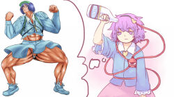Rule 34 | 1girl, abs, backpack, bag, bleach (chemical), blue hair, blue shirt, blue skirt, buttons, commentary, dotanime, english commentary, flexing, frilled shirt collar, frilled sleeves, frills, hair ornament, hairband, heart, heart button, heart hair ornament, kawashiro nitori, key, komeiji satori, muscular, panties, pink skirt, polka dot, purple eyes, shirt, skirt, solo, third eye, thought bubble, touhou, underwear, white background, yoruny