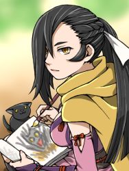 Rule 34 | 1girl, book, breasts, brown hair, camon, cat, child&#039;s drawing, cleavage, drawing, fire emblem, fire emblem fates, hair over one eye, kagero (fire emblem), long hair, nintendo, orange eyes, ponytail, scarf, solo