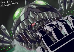Rule 34 | 10s, 1980s (style), 2016, artist name, claws, creepy, dated, fangs, glowing, glowing eyes, green eyes, horror (theme), kamizono (spookyhouse), machine, machinery, mecha, no humans, oldschool, open mouth, red eyes, retro artstyle, robot, science fiction, sharkticon, smile, teeth, transformers, twitter username