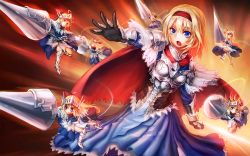 Rule 34 | ahoge, alice margatroid, armor, blonde hair, blue eyes, bow, breastplate, cape, dress, freeze-ex, gauntlets, gloves, greaves, hair bow, hairband, lance, long hair, multiple girls, open mouth, polearm, shanghai doll, short hair, solo, touhou, weapon