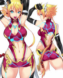 Rule 34 | 1girl, arm strap, armor, ass, blonde hair, blue eyes, breasts, cleavage, fang, gloves, kora (xenoblade), looking at viewer, navel, negresco, open mouth, pointy ears, short hair, simple background, smile, solo, thighhighs, xenoblade chronicles (series), xenoblade chronicles 2