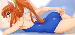 Rule 34 | 00s, 1girl, :o, absurdres, adjusting clothes, adjusting swimsuit, animal ears, arm support, armpits, ass, back, blue one-piece swimsuit, blunt bangs, blurry, blush, breasts, brown eyes, brown hair, cat ears, competition school swimsuit, covered erect nipples, cowboy shot, embarrassed, flat chest, fushigiboshi no futago hime, hair ribbon, highres, leonne, lion ears, long hair, long image, looking at viewer, looking back, lying, on stomach, one-piece swimsuit, open mouth, orange hair, ponytail, profile, ribbon, school swimsuit, shadow, shiny clothes, shiny skin, sidelocks, small breasts, solo, sugimura tomokazu, surprised, swimsuit, wide image, zoom layer