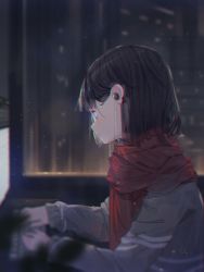 Rule 34 | 1girl, absurdres, ano54, black hair, blue eyes, blurry, blurry background, blurry foreground, closed mouth, commentary request, depth of field, earbuds, earphones, grey sweater, highres, indoors, keyboard (computer), long hair, long sleeves, looking away, monitor, night, original, red scarf, scarf, sleeves past wrists, solo, sweater, upper body, window