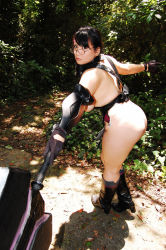 Rule 34 | 1girl, ass, axe, boots, breasts, cattleya (queen&#039;s blade), cattleya (queen&#039;s blade) (cosplay), chouzuki maryou, cosplay, curvy, day, female focus, glasses, gloves, holding, huge ass, large breasts, light, looking at viewer, outdoors, photo (medium), plant, queen&#039;s blade, sideboob, solo