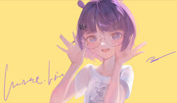 Rule 34 | 1girl, animal ears, bespectacled, blue eyes, blunt bangs, bob cut, commentary, glasses, hair ornament, hairclip, hands up, hololive, hololive english, looking at viewer, meiyan (boyimachao), mole, mole under eye, ninomae ina&#039;nis, ninomae ina&#039;nis (loungewear), official alternate hair length, official alternate hairstyle, open mouth, petite, pointy ears, print shirt, purple hair, round eyewear, shirt, short hair, short sleeves, smile, solo, t-shirt, virtual youtuber, white shirt, yellow background