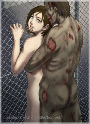 Rule 34 | 1boy, 1girl, azasuke, blue eyes, brown hair, crying, crying with eyes open, fence, guro, highres, imminent death, imminent rape, injury, jill valentine, monster, necrophilia, nude, resident evil, scar, scared, short hair, tears, zombie