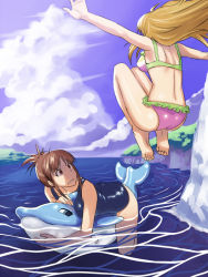 Rule 34 | 2girls, akizuki ritsuko, barefoot, bikini, blonde hair, brown eyes, brown hair, cloud, day, dolphin, feet, hoshii miki, idolmaster, idolmaster (classic), inflatable dolphin, inflatable toy, inu (aerodog), jumping, long hair, multiple girls, no eyewear, ocean, one-piece swimsuit, outdoors, outstretched arms, ponytail, sky, soles, spread arms, swimsuit, water