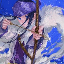 Rule 34 | 1girl, aiming, aiming at viewer, ainu, ainu clothes, arrow (projectile), artist name, asirpa, bandana, black hair, blue background, blue bandana, blue eyes, bow (weapon), cape, chinese commentary, closed mouth, commentary request, dated, ear piercing, earrings, fur cape, golden kamuy, highres, holding, holding bow (weapon), holding weapon, hoop earrings, jewelry, lips, long hair, long sleeves, looking at viewer, mitus, piercing, sidelocks, signature, simple background, solo, sparkle, upper body, weapon, white cape, wide sleeves, wind