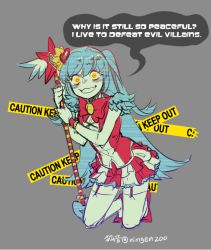 Rule 34 | blue hair, bow, caution tape, crazy, crazy eyes, crazy smile, english text, full body, kneeling, ko-on (ningen zoo), lobotomy corporation, long hair, magical girl, project moon, queen of hatred, signature, smile, solo, staff, very long hair, white legwear, wide-eyed, yellow theme