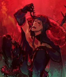 Rule 34 | 1boy, black gloves, black pants, blood, blood on face, blue hair, bodypaint, cape, claws, closed eyes, crown, cu chulainn (fate), cu chulainn (fate) (all), cu chulainn (fate/stay night), cu chulainn alter (fate), cu chulainn alter (fate/grand order), cu chulainn alter (third ascension) (fate), dark blue hair, dark persona, detached hood, earrings, elbow gloves, facepaint, fate/grand order, fate (series), fur-trimmed cape, fur trim, gloves, hood, hood up, jewelry, lancer, long hair, male focus, muscular, open mouth, pants, ponytail, sharp teeth, solo, spikes, squatting, teeth, tongue, tongue out, type-moon, yuaki9610