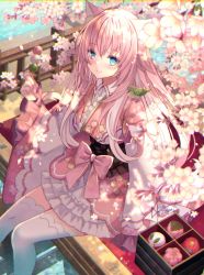 Rule 34 | 1girl, animal, animal ear fluff, animal ears, animal on shoulder, aqua eyes, artist name, bird, bird on shoulder, bird request, blurry, blurry background, blurry foreground, blush, bow, character request, cherry blossom print, cherry blossoms, closed mouth, commentary request, copyright request, dango, dated, depth of field, floral print, flower, food, frills, from above, hair between eyes, hanami, highres, holding, japanese clothes, kimono, long hair, long sleeves, looking at viewer, nozomi fuuten, petals, pink bow, pink flower, pink hair, pink kimono, red bow, sanshoku dango, signature, sitting, skewer, smile, solo, spring (season), thighhighs, very long hair, wagashi, white flower, white thighhighs, wide sleeves