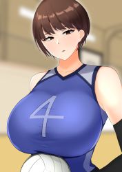 Rule 34 | 1girl, armpits, ball, blue shirt, blurry, blurry background, blush, breast rest, breasts, brown eyes, brown hair, collarbone, elbow gloves, female focus, gloves, head tilt, highres, huge breasts, indoors, looking at viewer, original, shirt, short hair, skin tight, sleeveless, sleeveless shirt, solo, sportswear, sweat, taut clothes, taut shirt, tokitamago (sasakitoki), upper body, volleyball (object), volleyball uniform