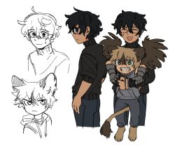 Rule 34 | 2boys, animal ears, animal feet, animal hands, black hair, black sweater, brown hair, brown wings, carrying, carrying person, child, claws, clenched teeth, closed eyes, commentary, cropped legs, deviidog0, english commentary, feathered wings, full body, fur-tipped tail, glasses, green eyes, grey hoodie, hands up, highres, hood, hoodie, lion boy, lion ears, lion tail, looking at viewer, male focus, monster boy, multiple boys, open mouth, original, pants, partially colored, short eyebrows, short hair, simple background, sleeveless, sleeveless hoodie, sweater, tail, teeth, turtleneck, turtleneck sweater, white background, wings