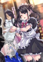 Rule 34 | 2girls, absurdres, alternate costume, animal ear legwear, apron, bag, basket, bell, black dress, black hair, black legwear, bow, bowtie, cat ear legwear, commentary request, dress, eighth note, enmaided, fake nails, flyer, focused, hair ornament, highres, himekawa (shashaki), holding, holding bag, holding basket, light particles, long hair, maid, maid apron, maid headdress, multiple girls, musical note, one eye closed, open mouth, original, puffy short sleeves, puffy sleeves, shashaki, short sleeves, sidelocks, skindentation, smile, spoken musical note, thighhighs, translation request, twintails, white apron, wrist cuffs