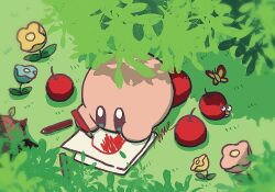 Rule 34 | apple, bug, butterfly, butterfly wings, capiller (kirby), child&#039;s drawing, colored skin, commentary, drawing, flower, food, fruit, grass, highres, holding, holding pencil, insect, insect wings, kirby, kirby (series), nintendo, no humans, parasoruoishii, pencil, signature, solid oval eyes, symbol-only commentary, wings, yellow flower